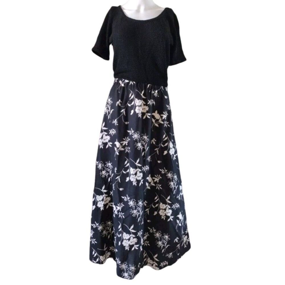 Vintage Blue Dress Woman S Black White Floral Rayon Dress Casual Maxi Boho Beach